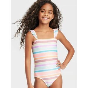 Cat & Jack Pastel Rainbow Stripe One-Piece Swimsuit Sz M (8)